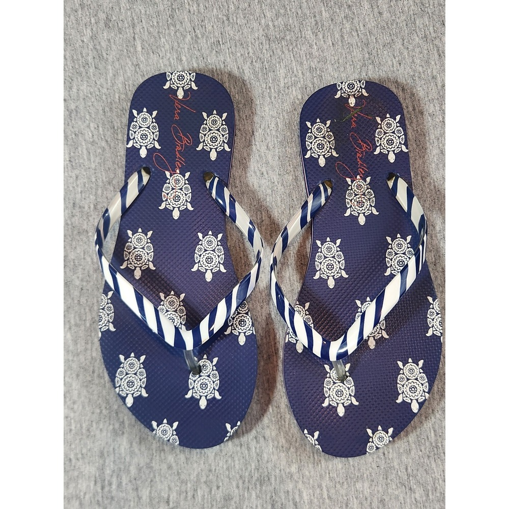 Vera Bradley Flip Flops Women Size 5-6 Navy Blue Sea Turtle Striped Casual